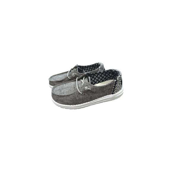 HeyDude Wendy Woven Chambray Onyx Shoe Slip On Grey Black White TD12. - Picture 1 of 5